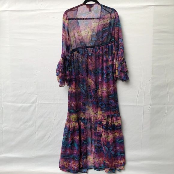 Boho Chic Spoon Jeans Sheer Colorful Maxi Cover Up Front Tie Flowy Dress L - Picture 2 of 8